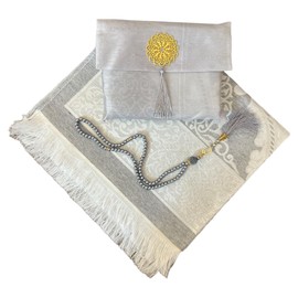 Muslim Prayer Rug and Beads with Elegant Slub Fabric Bag | Janamaz | Sajadah | Soft Islamic Prayer Rug | Islamic & Mawlid Gifts | Prayer Carpet Mat, Taffeta Fabric (Grey, 1 Sets)