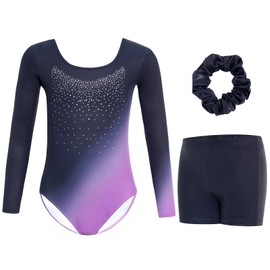 Gogokids Girls' 3-Piece Gymnastics Leotards, Long-Sleeved Gymnastics Set with Shorts and Headband, Glittering Ballet Uniform Jerseys - Gymnastics Outfit with Colour Gradient Design for 3-12 Years,