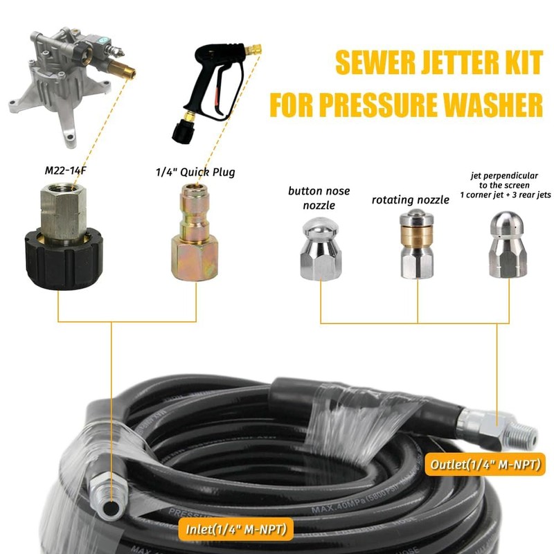Sewer Jetter Kit for Pressure Washer 50FT, 5800PSI Drain Cleaner