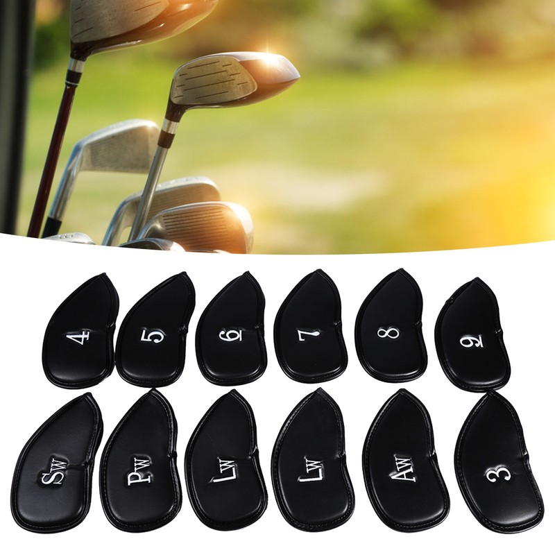 12pcs PU Leather Black Golf Club Head Cover Iron Head
