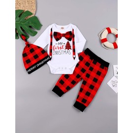 My First Christmas Newborn Girl Boy Xmas Outfits Bow Bodysuit Pants Plaid Hat Infant Christmas Clothes Set