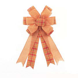LINGMIN Orange Buffalo Plaid Bows for Wreath, Thanksgiving Wreath Bow Fall Bow Large Fall Wreath Gift Burlap Bow for Front Door Indoor Outdoor Wall Decoration Supplies Ornaments 9