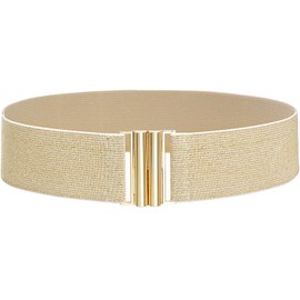 Glamorstar Wide Stretchy Waist Belt for Women Elastic Belt for Dresses Beige Band Gold Buckle Fit Waist 26"-28"