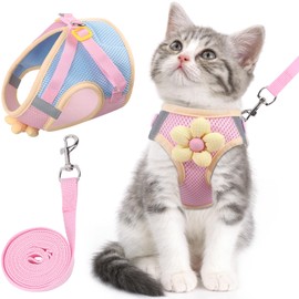 Cat Harness and Leash Set for Walking Escape Proof, Adjustable Kitten Harness Breathable Mesh with Reflective Strips Harness with Flower for Kitty Puppy Bunny