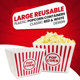 Large Reusable Plastic Popcorn Containers – Classic Red & White Striped Popcorn Buckets Reusable Design for Kids' Parties, Carnivals, 7" x 6.75" (Set of 2) - popcorn boxes for Family Movie Night