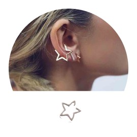 Yheakne Boho Star Cuff Earrings Silver Star Hoops Earrings Hollow Star Clip on Earrings No Piercing Earrings Jewelry for Women (Silver)