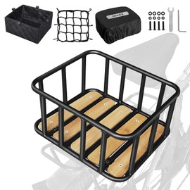 RAYMACE Bike Basket Rear, Bamboo Base Bicycle Basket with Rainproof Cover, Liner & Cargo Net, Large Capacity Rear Bike Rack Baskets Fits Most Bikes & E-Bike