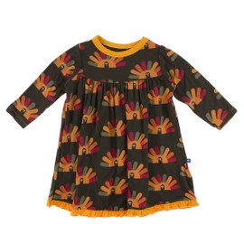 KicKee Pants Celebration Print Classic Long Sleeve Swing Dress, Bark Turkey, 3T
