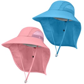Kids Sun Hat UPF50+ Summer Beach Play Sun Protection Hats with Neck Flap for Ages 5~14 Girls Boys, Blue＆pink, One Size