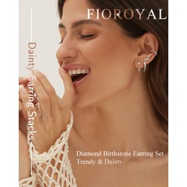 FIOROYAL 925 Sterling Silver Earrings Set for Women, 4 Pairs Earrings Stacks for Multiple Piercings, Hypoallergenic Gold/Silver Hoops Ear Cuff Jacket Stud Birthstone Earring Birthday Jewelry PE