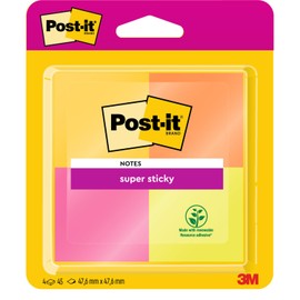 Post-it Super Sticky Notes, Assorted Colours, 4 Pads, 47.6 mm x 47.6 mm, 45 Sheets per Pad, Green, Orange, Pink, Yellow - Extra Sticky Notes for Walls, Monitors and Fridge