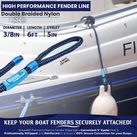 WavesRx Boat Fender Lines 3/8'' x 6' (4PK) | Premium Marine Rope for Hanging Bumpers & Buoys When Docking Your Watercraft | Double Braided Nylon with 5" Eyelet for Easy Attachment to Cleats & Hooks