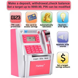 Fishboy Pink ATM Piggy Bank for Kids/Girls with Power-Off Memory, Debit Card for Real Money, Onekey Shutdown, Coin Recognition, Target Setting, Bill Feeder, Balance Calculator, Savings Machine