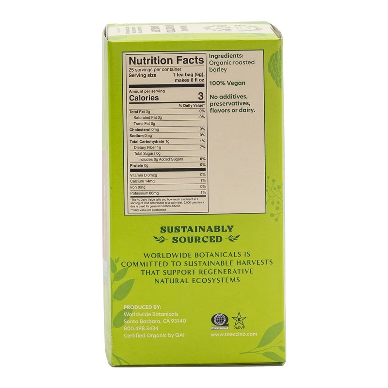 Worldwide Botanicals Organic Roasted Barley Tea, 25 Tea Bags -