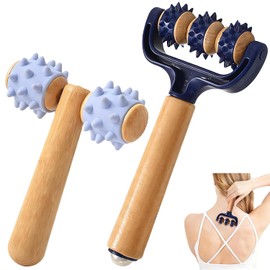 Pack of 2 Wooden Massage Roller with Hedgehog Ball, Massage Roller Self Massage Roller with Handle, Massager Legs Arms Back Shoulders Muscle Pain (Blue)