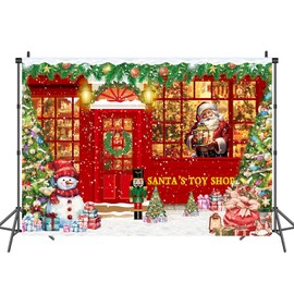 Red Christmas Photo Backdrop Santa's Toy Shop Banner 7x5FT Christmas Store Photography Background Xmas Holiday Party Decoration Supplies Photo Props