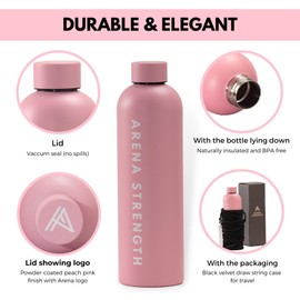 Arena Strength Sports Water Bottle - Pink Stainless Steel Water Bottle, Naturally Insulated and BPA Free Designed for Workouts Office Travel Gym Water Bottle | Wide Mouth Water Bottle 25 Oz