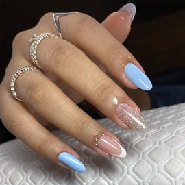 Almond Press on Nails Medium French Tips Fake Nails Blue Acrylic Nails Press ons with Rhinestone Glitter Full Cover Glue on False Nails Gloss Stick on Nails for Women Nails Decoration 24Pcs