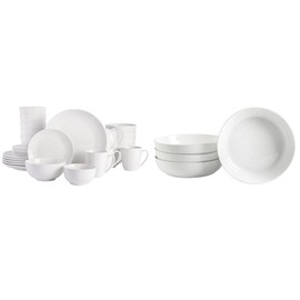 Gibson Home Zen Buffet Porcelain Dinnerware Set, Service for 6 (30pcs), White (Coupe) & Zen Buffet 4-Piece 8.5-Inch Porcelain Chip and Scratch Resistant Pasta Bowl Set, White