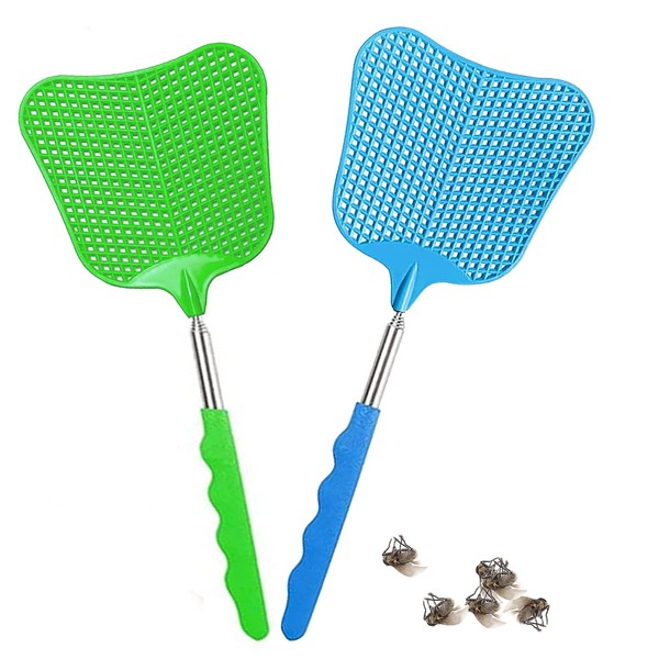 iJiZuo Pack of 2 Extendable Fly Swatters, Fly Protection, Mosquito Protection for Flies, Mosquitoes and Insects, Telescopic Fly Swatters, Extendable 26 cm - 65 cm Long (Blue + Green