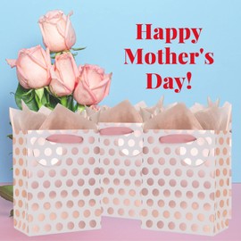 UNIQOOO 12Pcs Rose Gold Foil Gift Bag Bulk, Pink Polka Dots with Tag, Durable Recycle Kraft Paper Bags, Thank You Bag For Wedding Favors Baby Shower Birthday Party Gift Wrapping Box, Medium 9x7x4 Inch