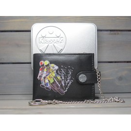 Klassek Motocross Twin Riders Motor Sport Bike Racing Mens Wallet with Chain Real Leather RFID Blocking with Coin Pocket and Metal Gift Box