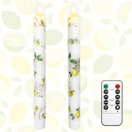 Holitown 2 Pack Flameless Taper Candles with Remote Lemon Theme LED Candlesticks Battery Operated Real Wax Window Candle 9inch 3D Wick Flicker Flame for Wedding Dining Room Table Fireplace Christmas