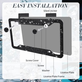 Timtin 2 Pcs Bling License Plate Frame Sparkly Rhinestone Diamond Accessories Stainless Steel Front License Plate Cover with Bling 4 Crystal Tire Valve Caps 1 Start Ring Sticker (Black)