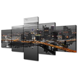 Pittsburgh Pennsylvania Night Panoramic Black and White Wall Art Canvas Print Pittsburgh Pennsylvania Skyline Picture for Bedroom Modern Artwork for Home Walls Framed Ready to Hang (50" W x 24" H)