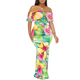 Women's Sexy Off Shoulder Maxi Dress Hawaiian Floral Evening Gown Long Dress Green-a