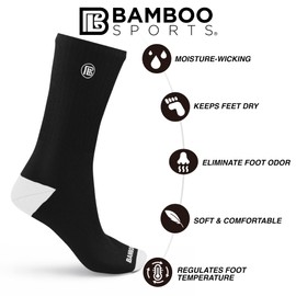 Bamboo Sports Premium Bamboo Crew Work Socks- Moisture Wicking, Odor Eliminating Black Crew Socks for Men Size 13-15 - 3 Pair