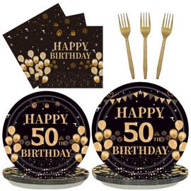 EMrups 96PCS 50th Birthday Party Plates Set Black and Gold Theme Decorations Include Black Gold Plates and Napkins Forks for 50 Year Old Men Women Birthday Party Supplies Serves 24 Guests