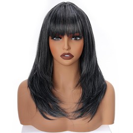 PORSMEER 16 Inch Short Bob Wigs with Fringe for Women, Straight Black Synthetic Wig, Shoulder Length, Heat-Resistant Wig for Daily Use (Salt and Pepper)
