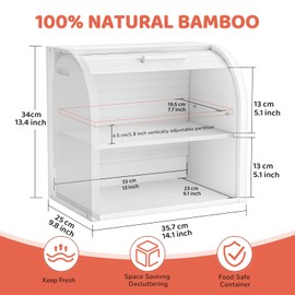 G.a HOMEFAVOR Bread Box: Large 2-Tier Bamboo Roll Top Bread Storage Container for Kitchen Counter, Bread Holder Food Bin for Countertop, Self-Assembly, White