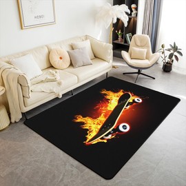 jejeloiu Skateboard Area Rug 4x5 Extreme Sports Theme Rugs for Living Room Bedroom Fire Hippie Skate Board Yellow Black Decorative Rug