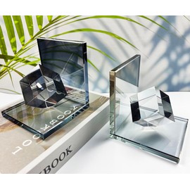 Crystal Bookends Decorative Glass Book Holders Heavy Duty Book Ends with Cube for Shelf Decor Unique Book Stopper Gray