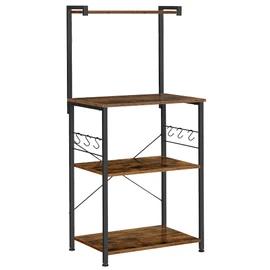 VASAGLE Kitchen Storage, Bakers Rack, Coffee Bar, 3-Tier Shelf, 6 S-Hooks, for Microwave, Spice Jars, Pots and Pans, Industrial, Rustic Brown and Black UKKS023B01