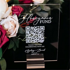 Letrero de boda de acrílico personalizable con código QR, soporte de fondo de luna de miel transparente personalizable, visualización de recepción interactiva, mini decoración de mesa