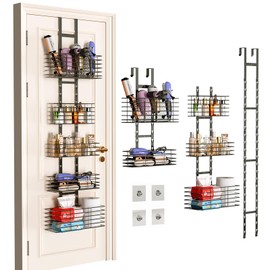 Yuyetuyo 5-Tier Over The Door Organizer Bathroom - Hair Dryer Holder - Hair Tool Organizer Adjustable Height, DIY Bathroom Storage Shelf Wall Mounted for Flat/Curling Irons, Straighteners, Skincare