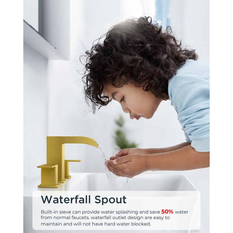 FORIOUS Square Brushed Gold Bathroom Faucets 3 Hole, Waterfall 8