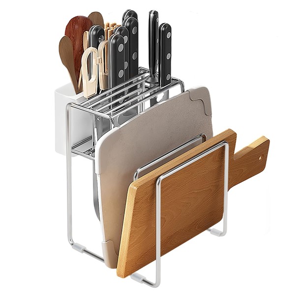 DEWEL Kitchen Knife Stand, Cutting Board Stand, Knife Case, Space Saving, Breathable, Rustproof, Multi-functional, Storage for Knife, Cutting Board, Scissors, Chopsticks, Spoon, Stainless Steel