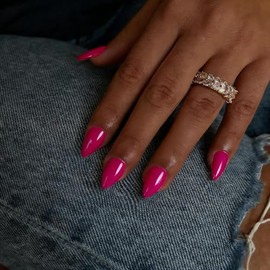 Uñas postizas cortas almendra, uñas postizas rosa intenso, uñas acrílicas puntiagudas con cobertura total brillante, uñas postizas con pegamento, uñas