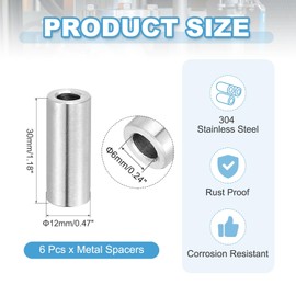 PATIKIL 6Pcs Stainless Steel Spacers, 6mm ID x 12mm OD x 30mm Height 304 Stainless Steel Bushing Screw Standoff Unthreaded Round Spacer for 1/4" M6 Screws Bolts Nuts