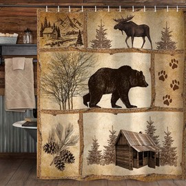 Bzhilja Rustic Cabin Shower Curtain Set, Farmhouse Country Antique Bear Moose Forest Vintage Wood Decor Bath Curtain，Hunting Camping Waterproof Fabric Bathroom Accessories Set, 60x70 inch with Hooks