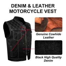 GARGOYLE BELLS Men's Denim & Leather Motorcycle Vest SOA Biker Club Vest with Diamond Padding Snap/Zipper For Riding (as1, numeric, numeric_42, regular, regular, Black with White Thread)