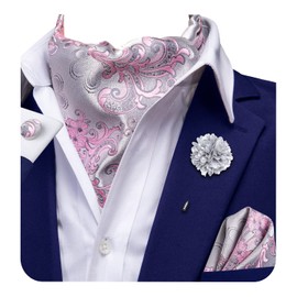 Hi-Tie Ascot Lapel Pin Set Mens Cravat Ties for men Wedding Scarf Tie Party Business Formal Tuxedo,Sliver Pink Flower