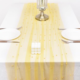 Joanlody Spring Summer Pearl Table Runner 10ft Rustic Boho Tulle Table Runner with Pearls for Baby Shower Wedding Party Veil Dessert Table Decor Yellow