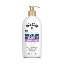Gold Bond Loción curativa para cuerpo y cara durante la noche para piel seca, hidratante no grasosa con ácido hialurónico, aloe y melatonina que funci