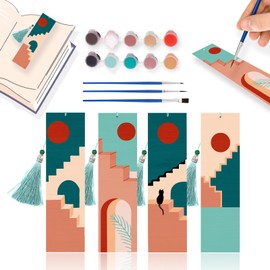 DIYDeligths 4Pcs Bookmarks Paint by Numbers Kit for Adults Wood Bookmarks Digital Oil Painting with Colorful Tassels Blank Bookmark Ornament for Book Lovers Craft Gift (Stairway to The Sun)