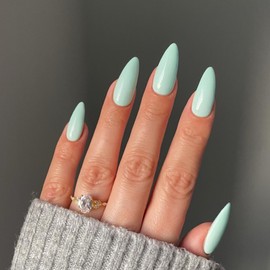 Mint Green Press on Nails Almond Shaped Nails Press ons, Medium Fake Nails Almond Acrylic Nails Glue on Nail Medium Length False Nail for Women Thick Natural Gel Stiletto 24Pcs